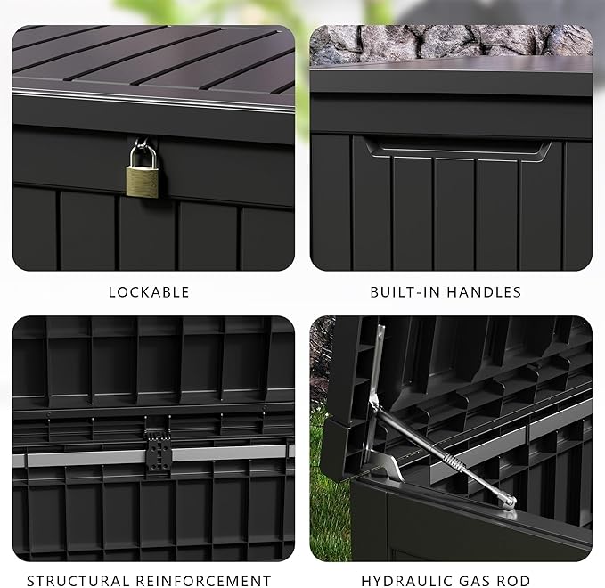 DRATO 230 Gallon Deck Box, Outdoor Large Waterproof Resin Storage Box with Lockable Lid for Patio Cushions, Gardening Tools, Sports Equipment, Black