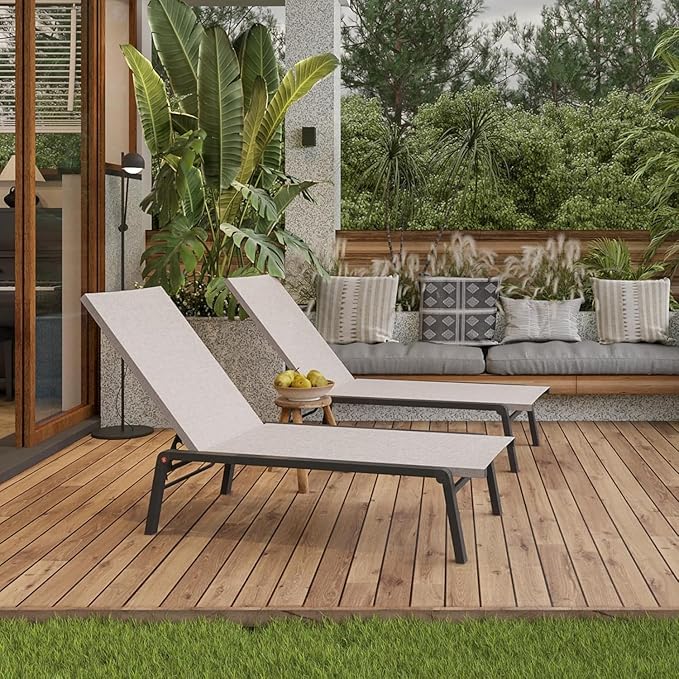 Patio Chaise Lounge Set of 2 with 4 Adjustable Backrest, Foldable Aluminum Chaise Lounge Chair Recliner for Outdoor, Poolside, Sun Tanning Beige
