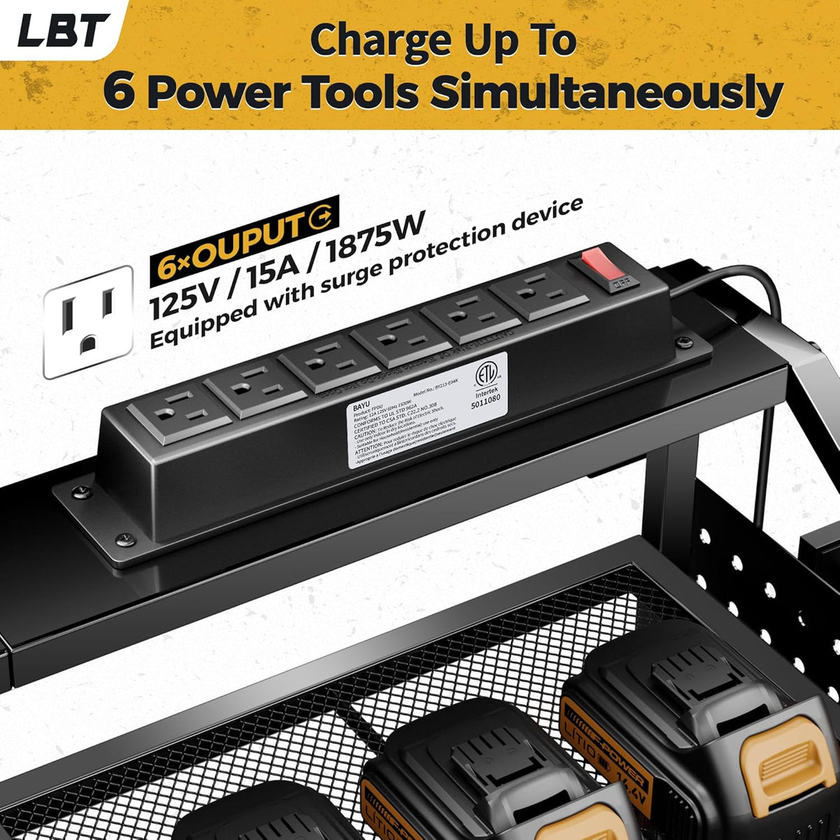 LBT Large Power Tool Organizer Wall Mount with Charging Station, 8 Drill Holder, 4 Layer Heavy Duty Metal Tool Storage Rack, 6 Power Strip, 8 Hooks, 2 Screw Boxes, Cool Gifts for Him Fathers Day