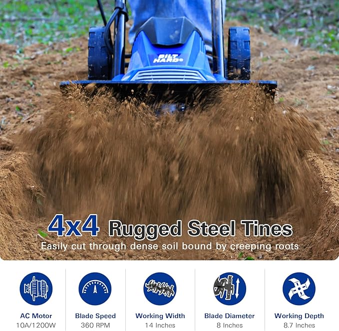 BILT HARD 14" 10Amp Electric Garden Tiller | 4 Steel Tines Tiller Cultivator with Foldable Handle & Adjustable Wheels for Soil Cultivation, Weeding, Portable Gardening