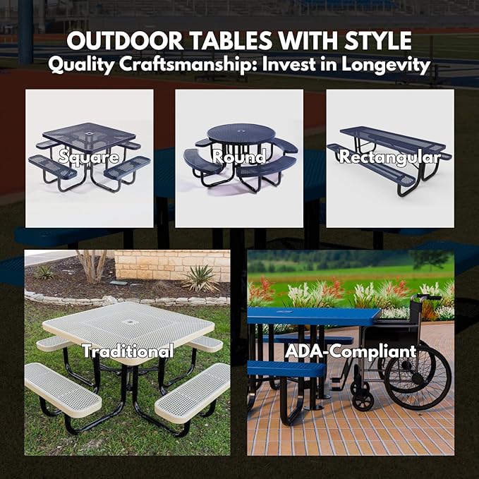 Coated Outdoor Furniture Heavy-Duty Portable ADA-Compliant Outdoor Picnic Table with Umbrella Hole, Expanded Metal Patio Dining Furniture Made in America (46" Round Top, Textured Burgundy)