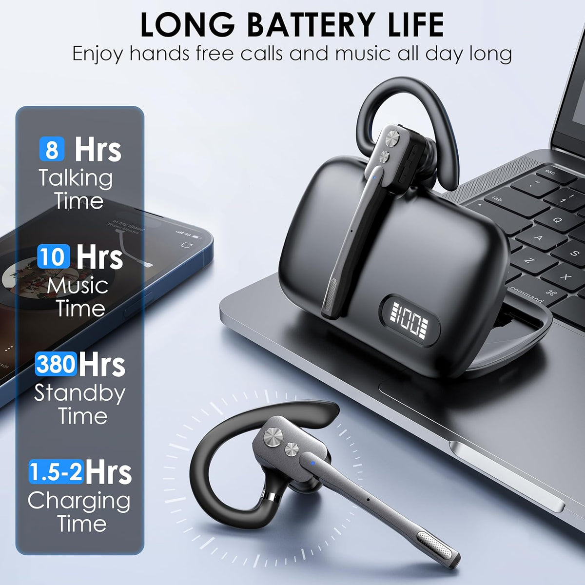 Bluetooth Headset, Wireless Bluetooth Earpiece with Dual-Mic & Noise Canceling, Single Ear Headset with Mute for Business, Remote Work, V5.3 Hand-Free headset for iOS Android Cell Phone (Gray)