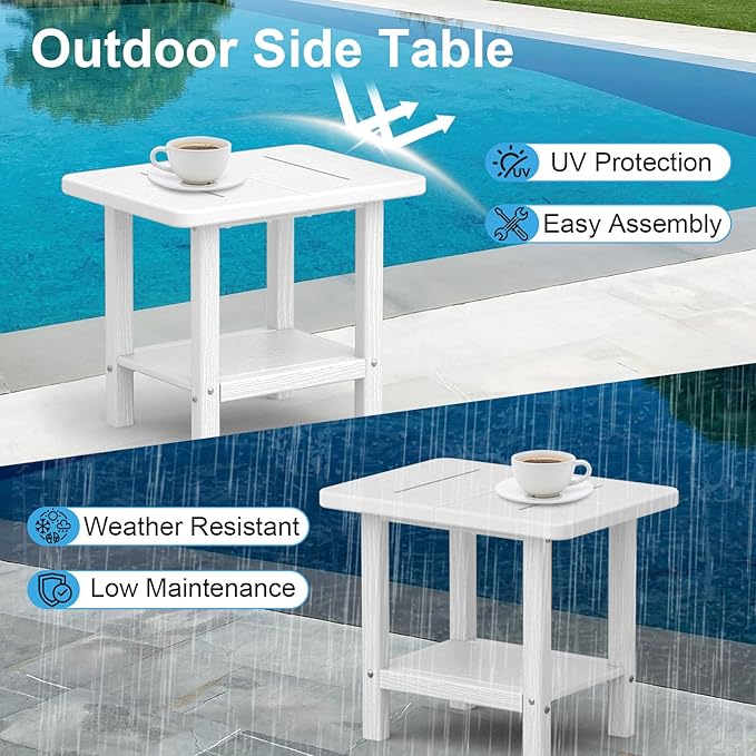 Outdoor Side Table - 2-Tier Storage All Weather Outdoor End Table for Patio - HDPE Morden Easy Maintenance Adirondack Side Table for Pool Porch Balcony Garden Lawn Backyard Outside Indoor