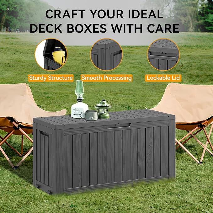 KAMABOKO Deck Box, 75 Gallon Resin Indoor and Outdoor Storage Boxes Waterproof for Garden Tools, Pool Accessories Storage Bench, Patio Furniture and Cushions with Lockable Lid, Black