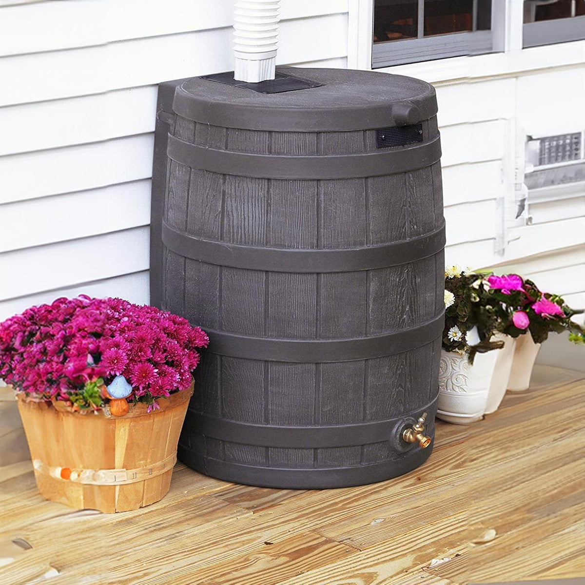 Good Ideas Rain Wizard 50 Gallon Plastic Outdoor Home Rain Barrel Water Storage Collector with Brass Spigot and Flat Back Design, Oak (4 Pack)