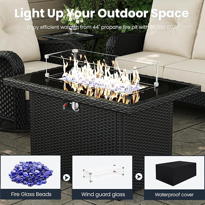 7 Pieces Outdoor Patio Furniture Sets with Rocking Swivel Chairs with 6-inch Thick Cushion and Fire Pit Table for Deck Lawn