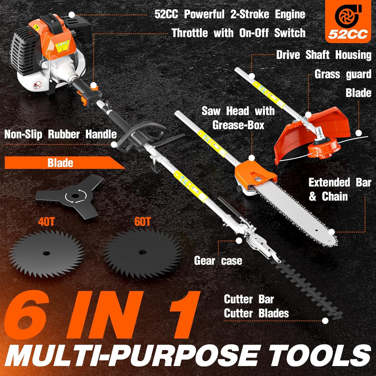 52cc 6 in 1 2-Stroke Gas String Trimmer with Gas Hedge Trimmer,Brush Cutter Gas Powered,Gas Weed Eater for Weeds and Grass