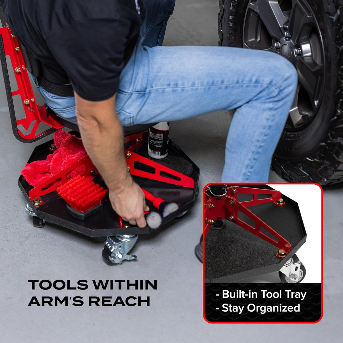 Vyper Robust Steel Sport Shop Chair for Mechanics, Automotive, DIY - 300 lb Capacity Garage Stool with Backrest & Large Wheels (Black Seat, Red Frame)