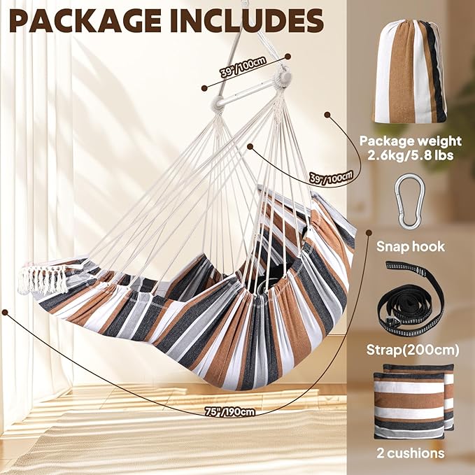 Chihee Hammock Chair Hanging Chair with Foot Rest 2 Cushions Max 500lbs Robust Metal Spreader Bar Collapsible Easy Storage Soft Cotton Swing Chair Strong Strap Iron Carabiner Side Pocket Included