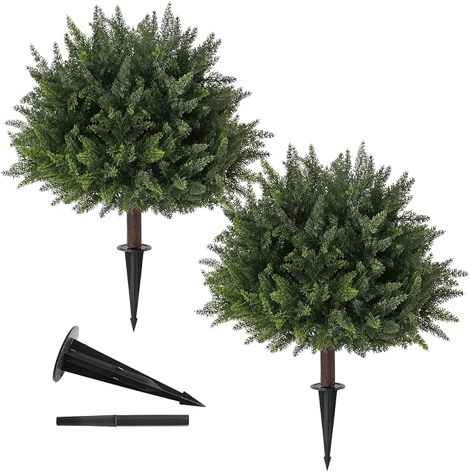 23.6Inch Artificial Cedar Topiary, 2 Pack UV Resistant Faux Evergreen Shrubs with Ground Spikes, Indoor Outdoor Potted Plants for Porch, Garden, Front Door Decor