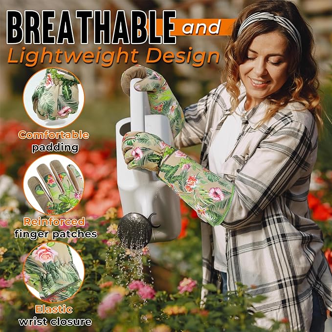 HANDLANDY Leather Gardening Gloves for Women, Thorn Proof Breathable Ladies Rose Pruning Garden Gauntlet Yard Gloves, Gift for Gardeners (Khaki, XL)