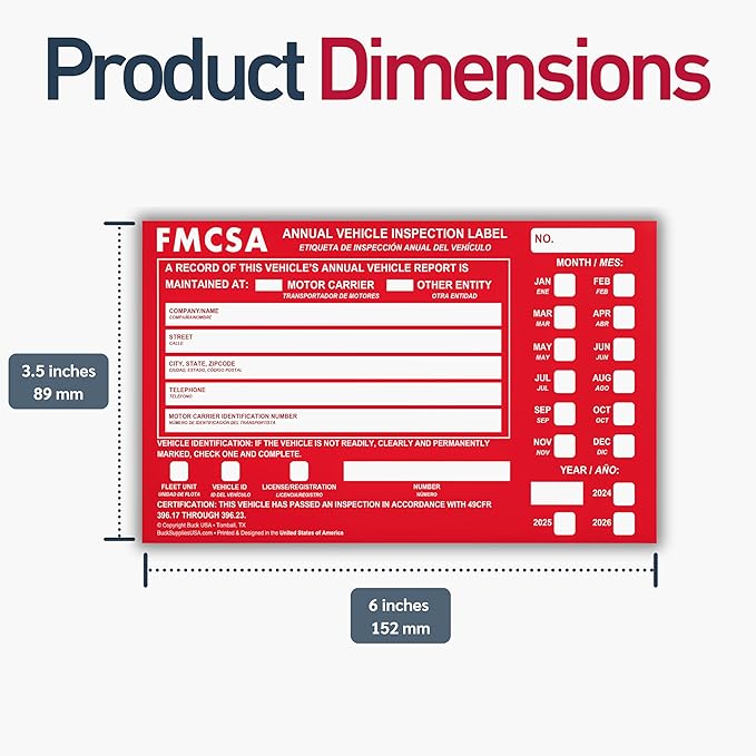 100 Pack Buck Aluminum Annual Vehicle Inspection Label with Punch Boxes, 2 Mil Red FMCSA Self Adhesive Sticker, DOT Compliant, Weatherproof, Tear Resistant, Easy to Write On, 6" x 3.5" - Made in USA