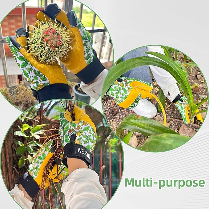 Cowhide Leather Thorn Proof & Puncture Resistant Gardening Gloves for Women, Touchscreen Compatible Working Gloves for Weeding, Digging, Planting, Gardening Gifts for Women (Green bellflowers, Medium)