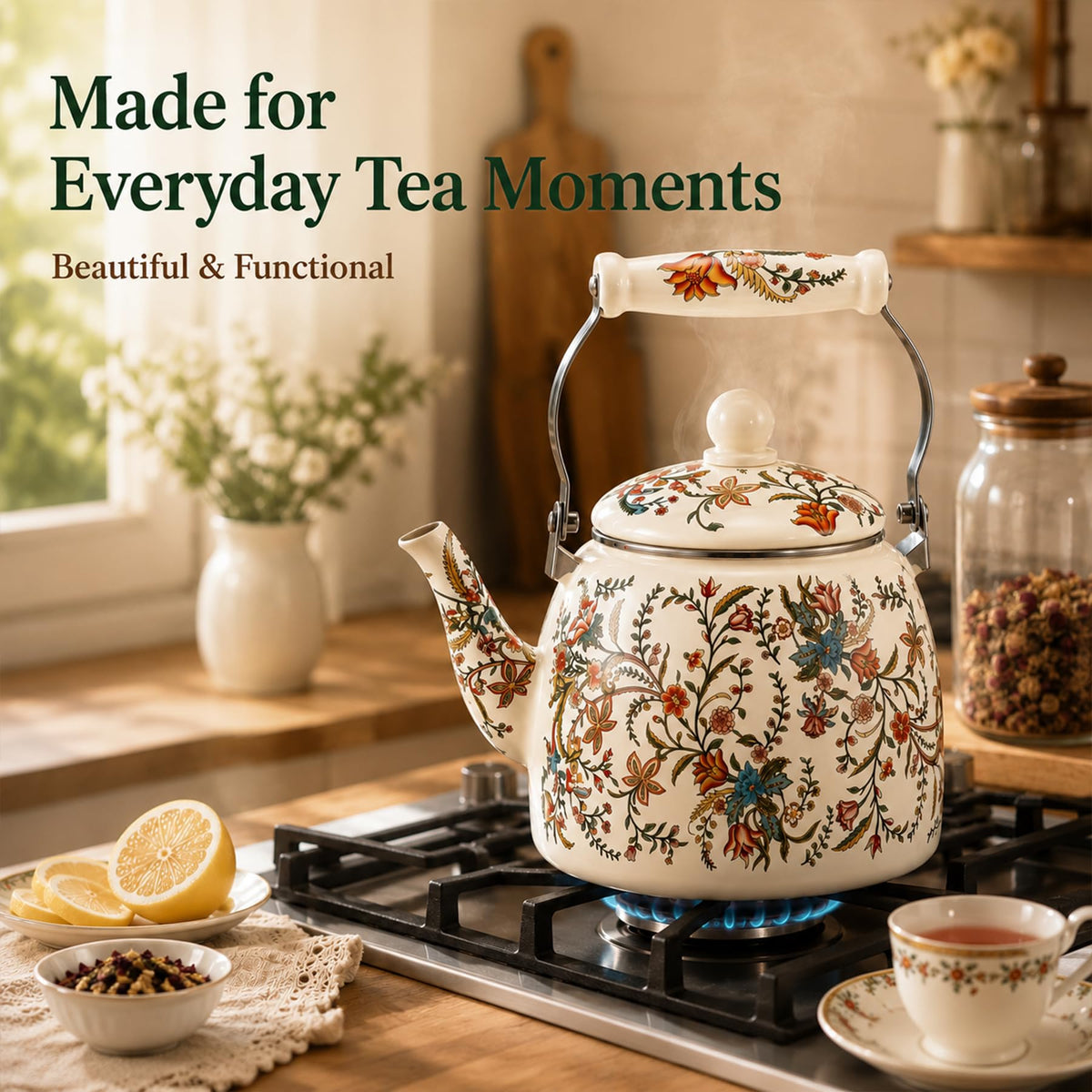 OLYTARU 112 oz Floral Tea Kettle Pot for Stove Top, 3.5 QT Enamel Teapot