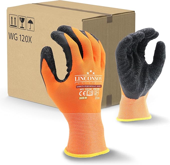 linconson 12 Pack Safety Performance Series Construction Mechanics Wrinkle Latex Work Gloves
