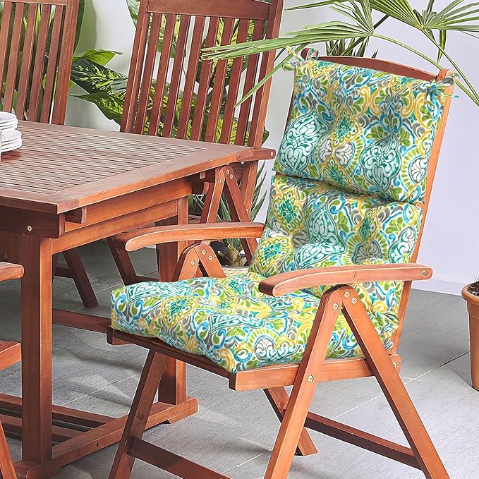 LVTXIII Outdoor Seat/Back Chair Cushion Patio Tufted High Back Cushion, Seasonal Replacement Rocking Chair Cushion with Ties (22” W x 20D”, Set of 2, Damask Green)