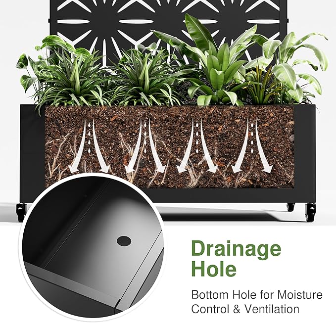 Casaphoria Metal Raised Garden Bed with Trellis and Wheels, 72"x47"x16" Planter Box for Climbing Plants, Vegetables & Vines, Features Drainage Holes and Privacy Screen (Black-Star)