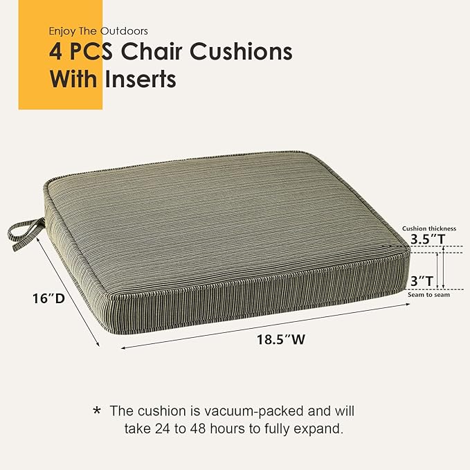 Outdoor Square Corner Seat Cushion, 18.5"x16"x3", Set of 4, Non Slip Seat Cushion Pads with Removable Cover for Patio Furniture, Garden Yard Lawn, Dark Black Tan Stripe