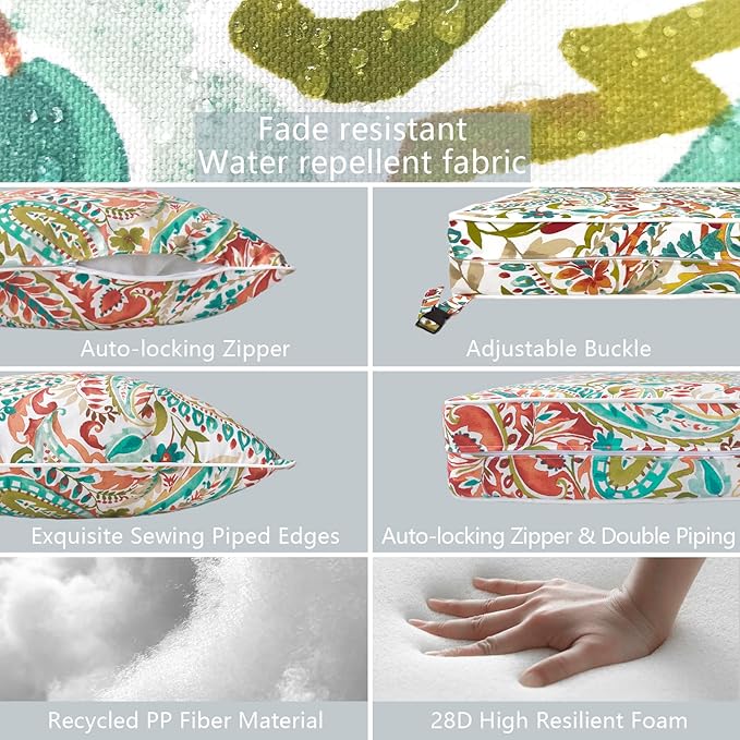 LVTXIII Outdoor Deep Seat Cushion Patio Seat and Back Cushion Set Seasonal Chair Cushion with Removable Cover and Adjustable Buckle for Home and Garden, 22"x22"x4", Pretty Paisley