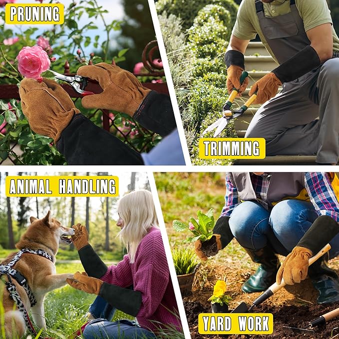 HANDLANDY Leather Gardening Gloves for Men & Women, Rose Pruning Thorn Proof Garden Glove, Long Sleeve Gauntlet Gloves (Black-brown, X-Large (Pack of 1))