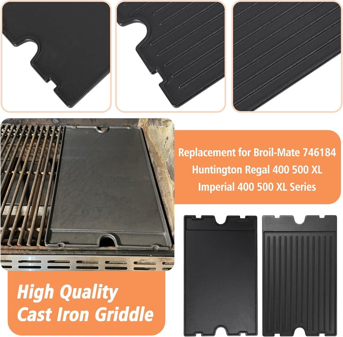 2-in-1 Reversible 19.25” x 11.75” Pre-Seasoned Cast Iron Cooking Griddle for Regal/Imperial Models Grill 11239, Flat Griddle Top Plate for Gas Stove/Charcoal/Electric/Propane/Gas Grill