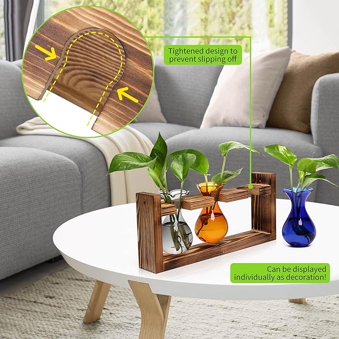 Plant Propagation Station Plant Terrarium Unique Birthday Gifts for Women Plant Lovers Home Office Decor Planter with Wooden Stand - 3 Bulb Glass Vase
