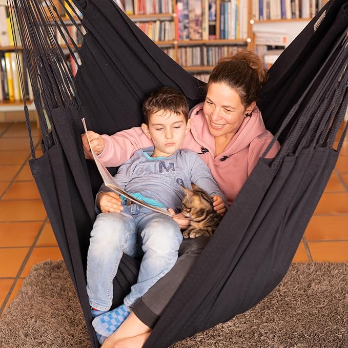 LA SIESTA® - Large Comfort Habana Cotton Hammock Chair & TreeMount - Hanging Hammock Chair w/Suspension Kit for Trees Beams & Posts - Indoor Outdoor Swing Hanging Chair Bedroom Patio Balcony - Onyx