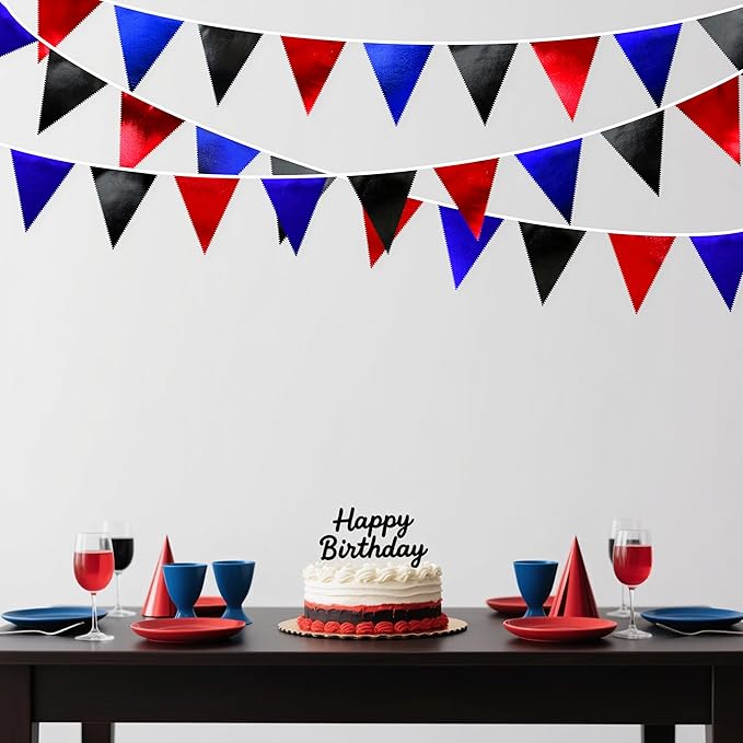 Navy Blue Red Black Party Decorations Metallic Fabric Triangle Pennant Banner Flag Bunting Garland for Graduations Birthday Retirement 4th of July USA Patriotic Veterans Party Decorations Supplies