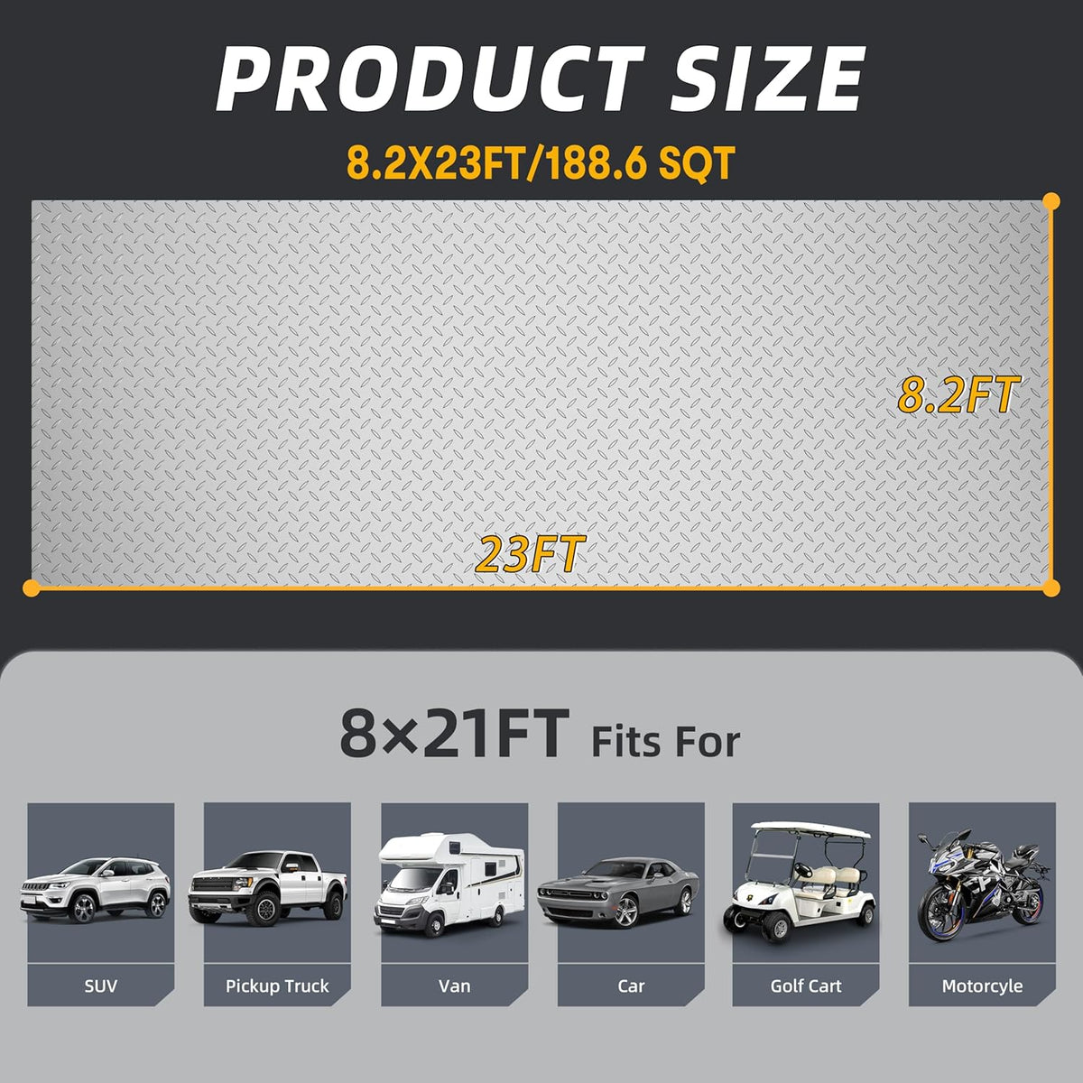 8.2 x 23 FT Garage Floor Mat, 2.8mm Thickened Diamond Plate PVC Garage Flooring Roll for Under Car Parking, Heavy Duty Garage Floor Protector 188.6 SQFT for Garage, Basement, Golf Cart. Gray