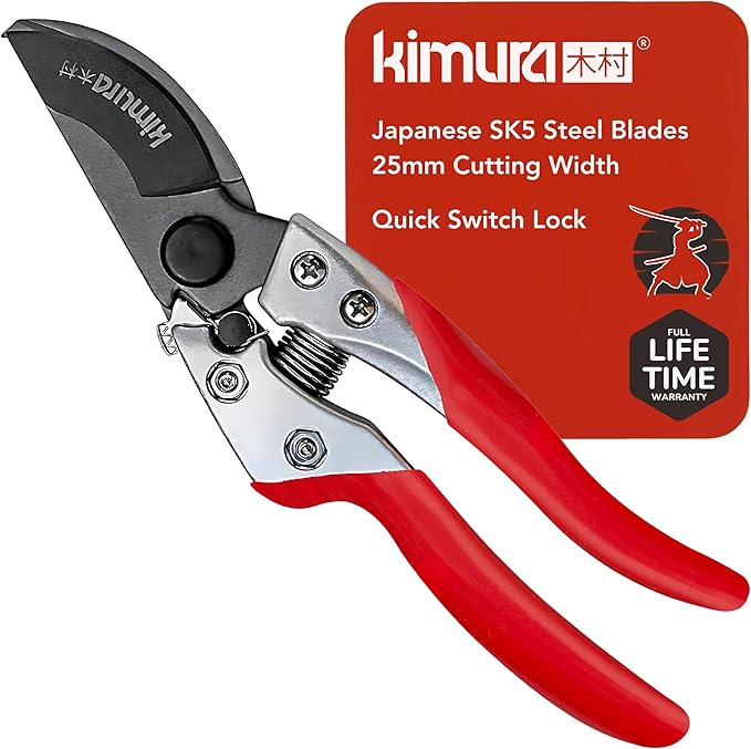 Kimura® 8" Pro Bypass Pruning Shears, Heavy Duty Japanese SK5 Steel Blades, 1 inch Cut Capacity, Non-Slip PVC Coated Handles, Lightweight & Ergonomic, Japanese Pruners, Professional Garden Clippers