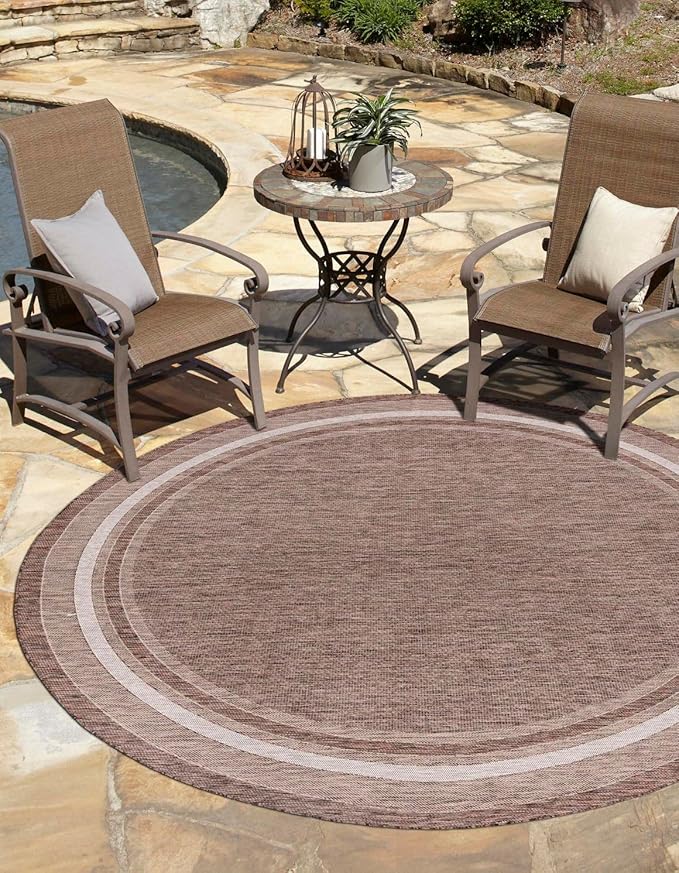 Unique Loom Outdoor Border Collection Area Rug - Soft Border (10' Round Brown/Ivory)