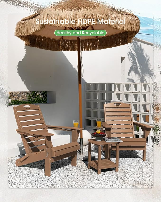 Folding Adirondack Chair HDPE All-Weather Adirondack Chairs with Cup Holder, Outdoor Fire Pit Chairs Lawn Chair for Deck Patio Garden (Teak)