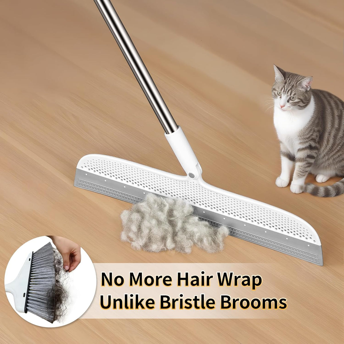 Silicone Floor Squeegee & Broom – Long Handle Hair Remover for Water, Pet Hair – for Bathroom, Tile, Concrete, Garage, Deck, Glass – Indoor Outdoor Cleaning Tool – White (15.7 inch)