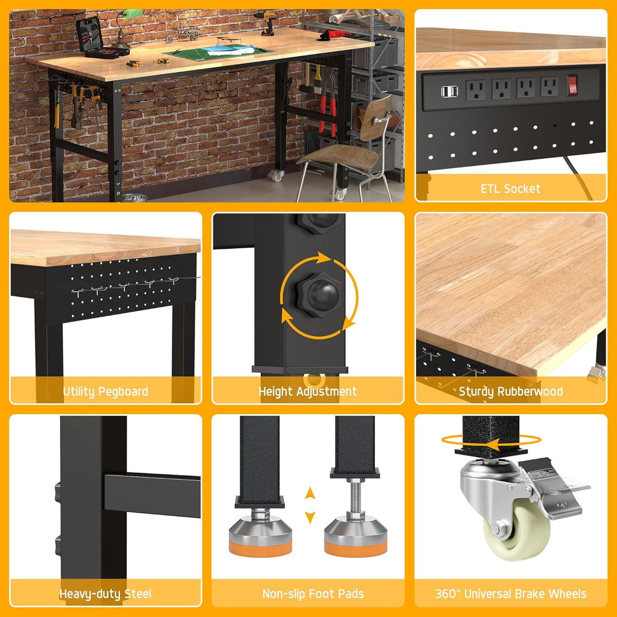 70’’ Work Bench Adjustable Workbench Heavy Duty Work Table with Power outlets, Pegboard, Wheels and Foot Pads, 2000 Lbs Capacity Hardwood Work Benches for Garage, Workshop, Office, Home