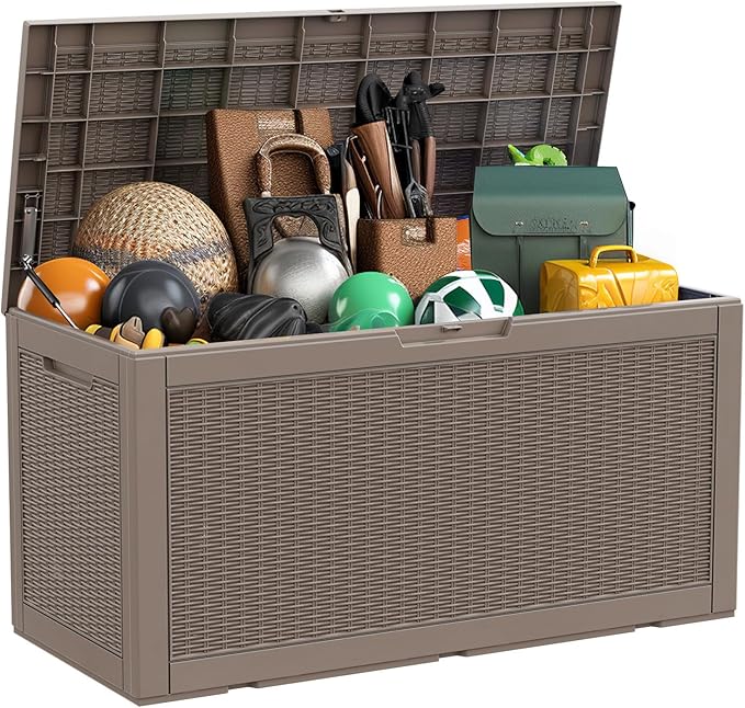 100 Gallon Outdoor Deck Box,Storage Lockable Waterproof Patio Furniture,Garden Tools,Cushions,Pool Accessories Outside Storage Resin Box(Grey)