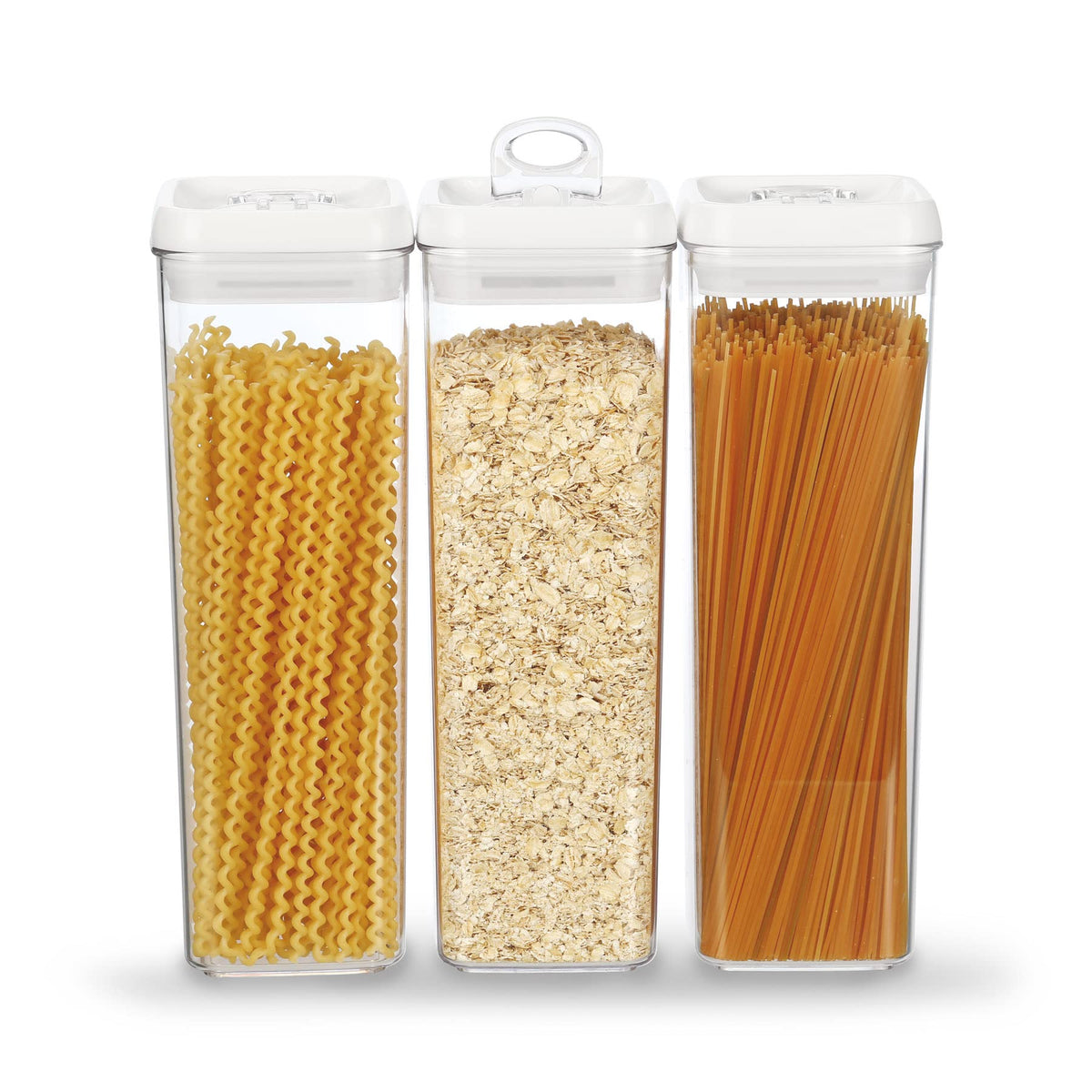 Felli Flip Tite TALL Storage Container with Lid 4" Air Tight Easy Open Ring Top, Clear Acrylic Skinny Canister Jar for Spaghetti Lasagna Fettuccine Noodle, Kitchen Cupboard Pantry Organizer (2.0 qt)