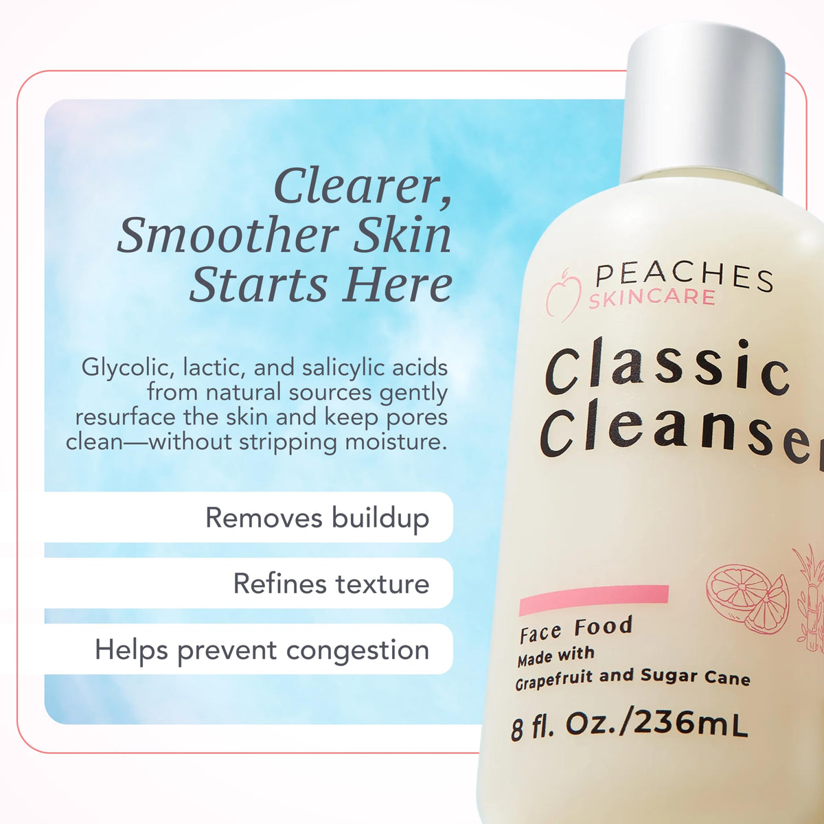 Peaches Skin Care Hydrating Facial Cleanser - Vegan Face Wash, 8 oz