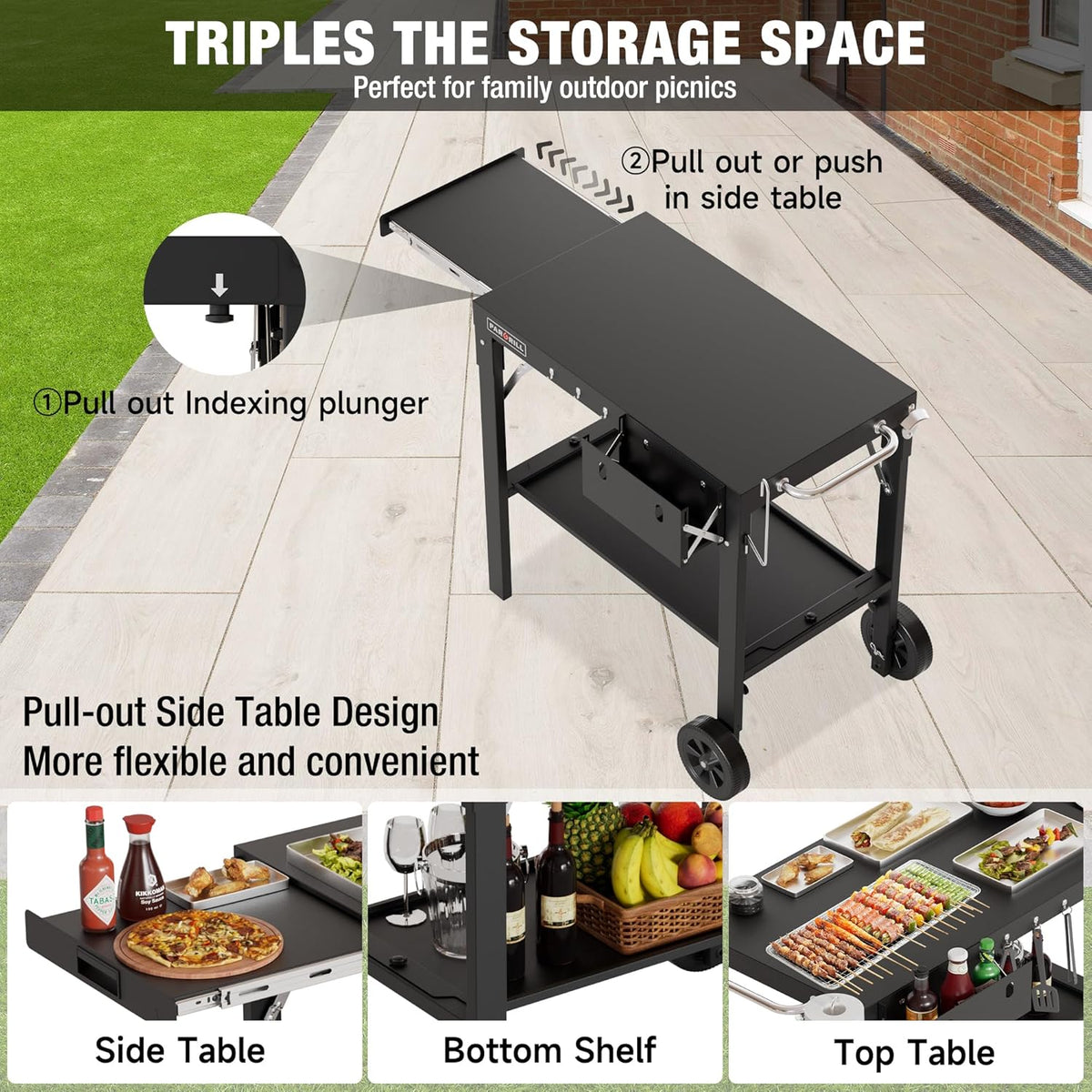 Outdoor Grill Table, Folding Grill Cart with Pull-out Side Table, Blackstone Griddle Stand, Fit 17 Inch Or 22 Inch, Stainless Steel BBQ Prep Station, Pizza Oven Stand