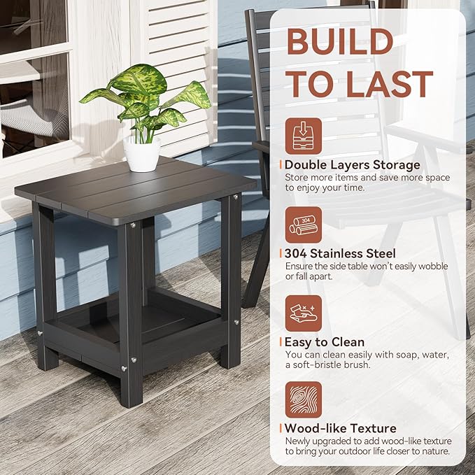 Adirondack Outdoor Side Table with 2 Layer Storage Small Adirondack Square Side Tables for Outside Weather Resistant Patio End Table for Pool, Backyard, Indoor Companion, Front Porch, Black