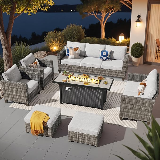 ovios 7 Pieces Patio Furniture Set with 54" Fire Pit Table, Outdoor Wicker Sofa with Comfy Cushions, All Weather High Back Rattan Couch Conversation Set, Grey