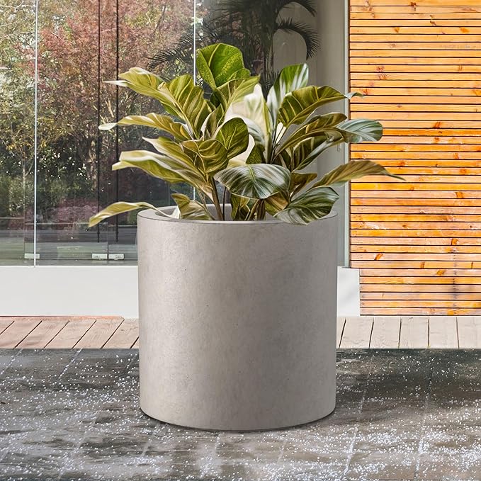 Kante 15.7" Dia Round Concrete Planter, Modern Style Large Cylindrical Plant Pot with Drainage Hole and Rubber Plug for Indoor Outdoor Patio, Weathered Concrete