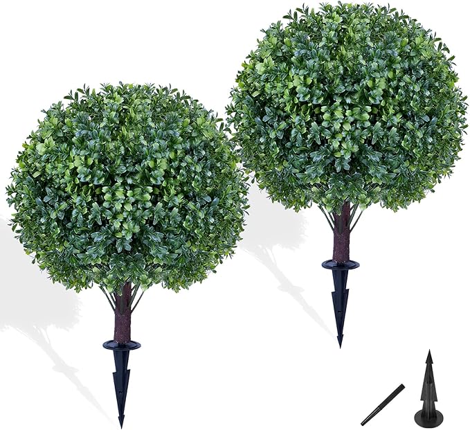 Artificial Boxwood Sphere Bushes Set of 2 Lifelike - UV Resistant Faux Shrubs with Stakes for Effortless Porch, Planter & Indoor Decor 16in FZHCZWZX