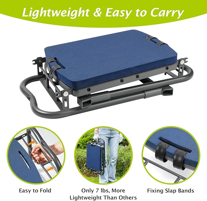 ikkle Garden Kneeler and Seat Gardening Stool Kneeler Folding Gardening Bench with Thicker Detachable Kneeling Pad and Tool Store Pouches (Blue)