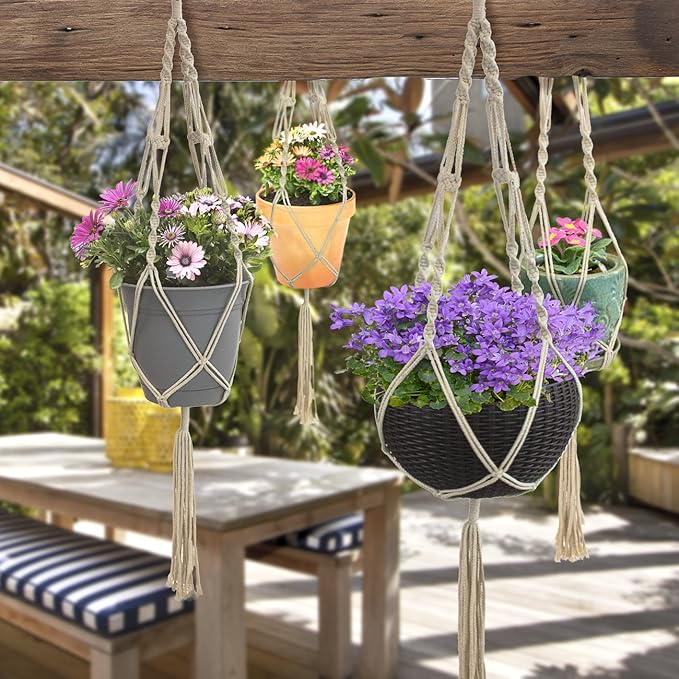 Sorbus Macrame Plant Hanger [4 Pack] Indoor Outdoor Hanging Plant Pots Cotton Rope, Elegant for Home, Patio, Garden White