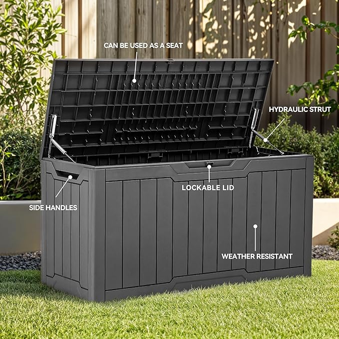 YITAHOME 80 Gallon Outdoor Storage Box, Large Water Resistant Resin Deck Box, Indoor Outdoor Lockable Storage Container for Patio, Garden, Cushions, Tools, Equipment (Dark Gray)