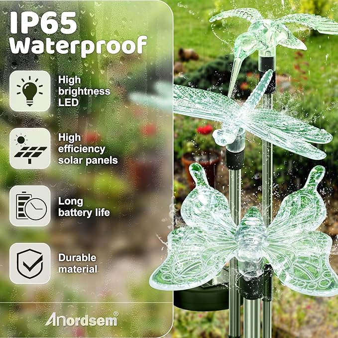 Anordsem Solar Lights Outdoor Decorations: Garden Stake Light Waterproof for Yard Decor Outside - LED Dragonfly Hummingbird Butterfly Lamp for Patio Pathway Home