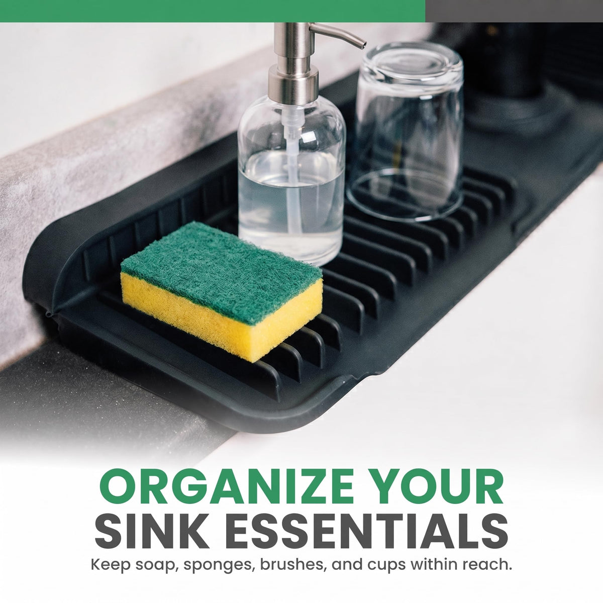 No More Wet Counters - Kitchen Sink Faucet Mat, 24” Silicone, Black