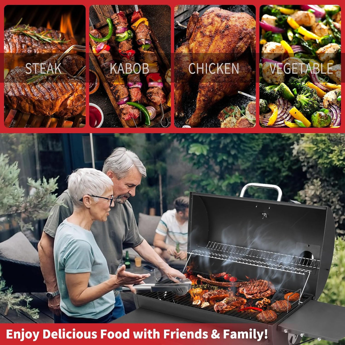 Barrel Charcoal Grill, Large Charcoal Grills with Front and Side Shelf, 627 Square Inches Cooking Grid, Outdoor BBQ Grill, Perfect for Backyard Camping, Patio Parties, and Picnics