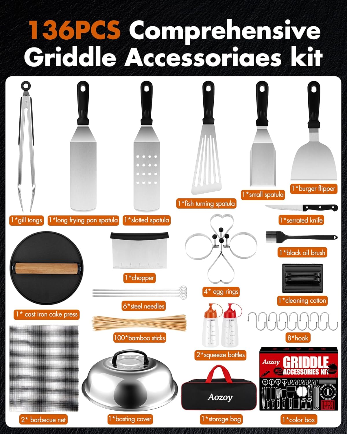 Griddle Accessories Kit - 136PCS Flat Top Grill Accessories for Blackstone and Camp Chef Metal Spatula Tools Set with Burger Press Scraper Tongs Carry Bag for Outdoor Grilling BBQ Cooking