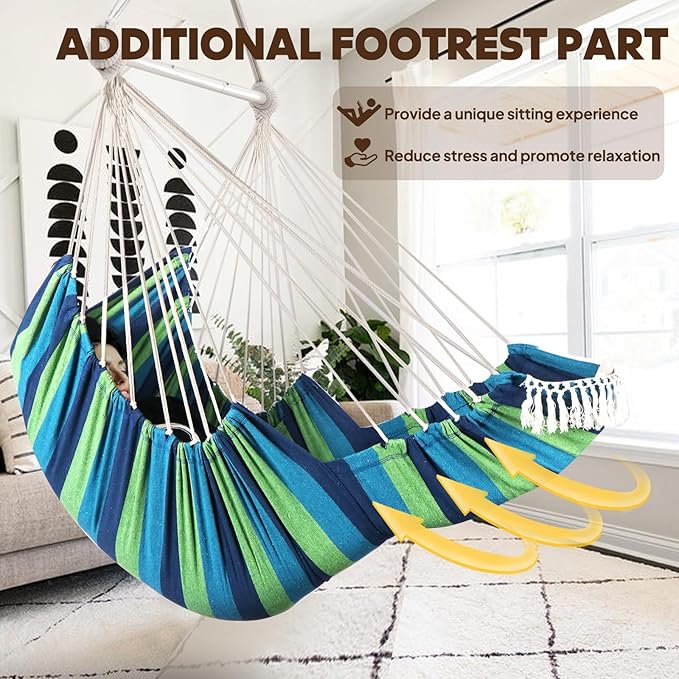Chihee Hammock Chair Hanging Chair with Foot Rest 2 Cushions Max 500lbs Robust Metal Spreader Bar Collapsible Easy Storage Soft Cotton Swing Chair Strong Strap Iron Carabiner Side Pocket Included